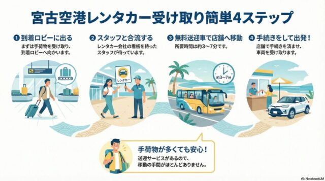 宮古空港でのレンタカー受け取り手順を説明した4ステップ案内図