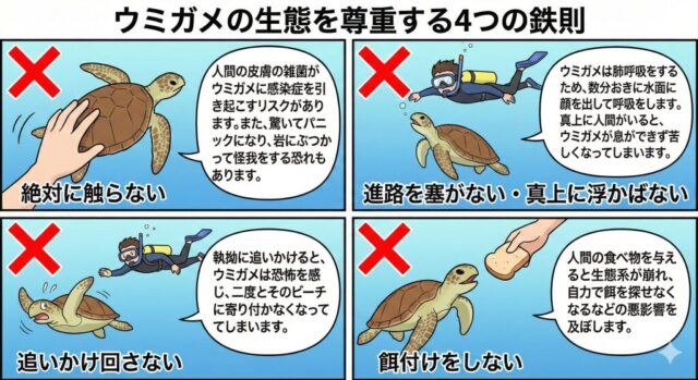 宮古島でウミガメと遭遇した際の注意点を示すイラスト。触らない、追いかけない、進路を塞がない、餌付けしないという4つのルールを解説している。