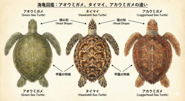 宮古島周辺で見られるウミガメの種類比較図。アオウミガメ、タイマイ、アカウミガメの甲羅や頭の形の違いをイラストで解説している。